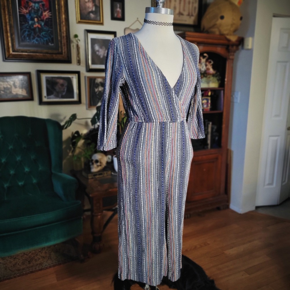 Chelsea‎ & Violet Striped Jumpsuit Blue Cotton Boho Wide Leg Bell Sleeve Small S